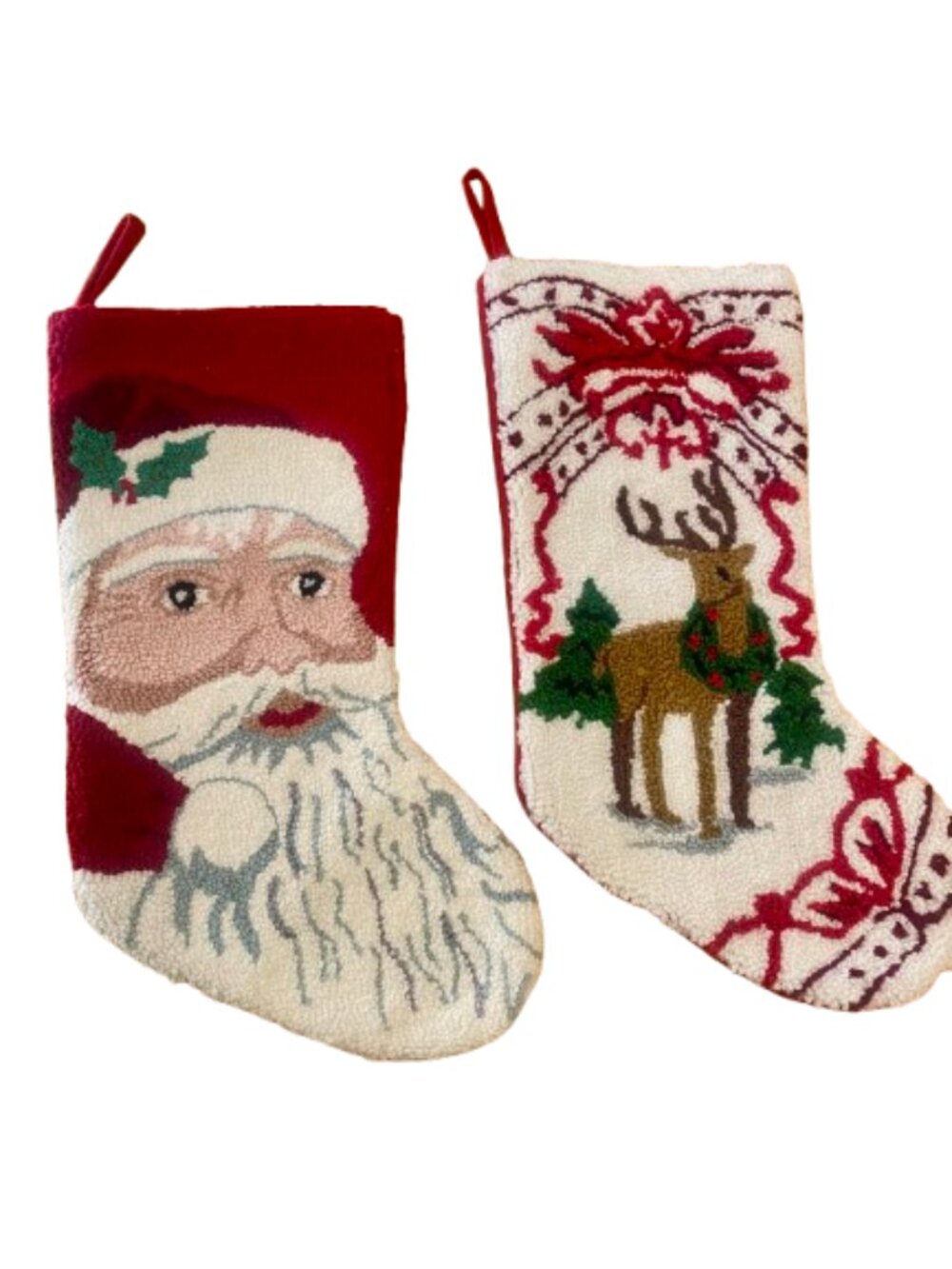 Christmas Stockings Set of Two Santa Claus Reindeer Hooked Loop Vintage Look